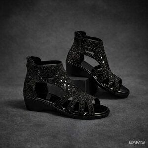 Black Rhinestone Cutout Block Heel Sandals |Temu | Size 9